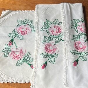 Antique pillow cases and dresser scarf